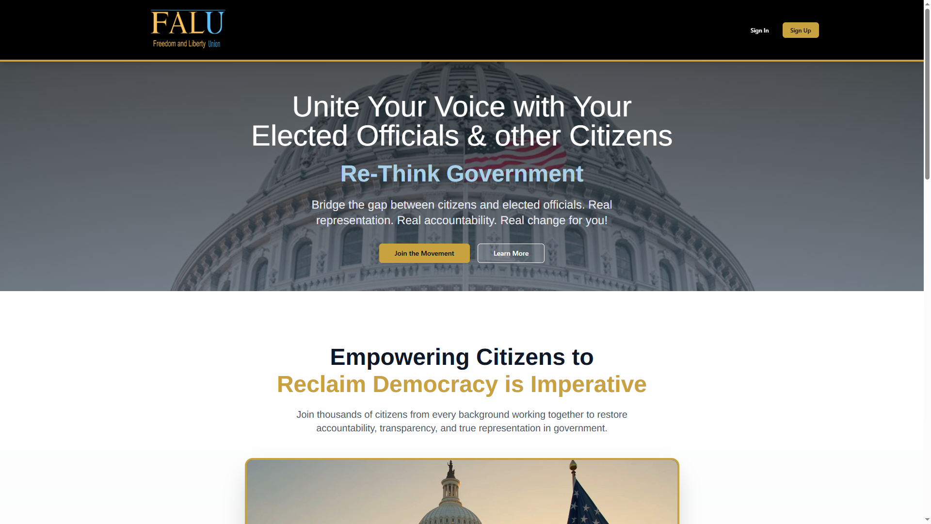 FALU homepage showing civic engagement platform