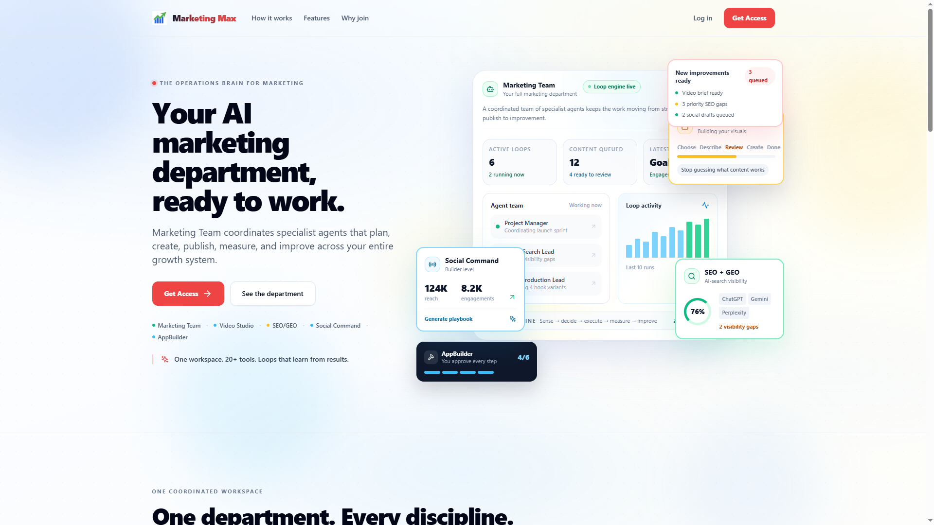 Marketing Max homepage showing AI marketing operations workspace